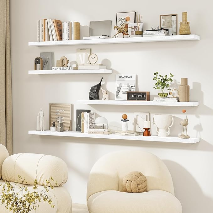 Dreamland White Floating Shelves, Wall Mounted Shelves for Storage and Home Decor, Rustic Wood Shelves for Bathroom, Living Room, Bedroom and Kitchen, 16" x 6.7" Set of 2