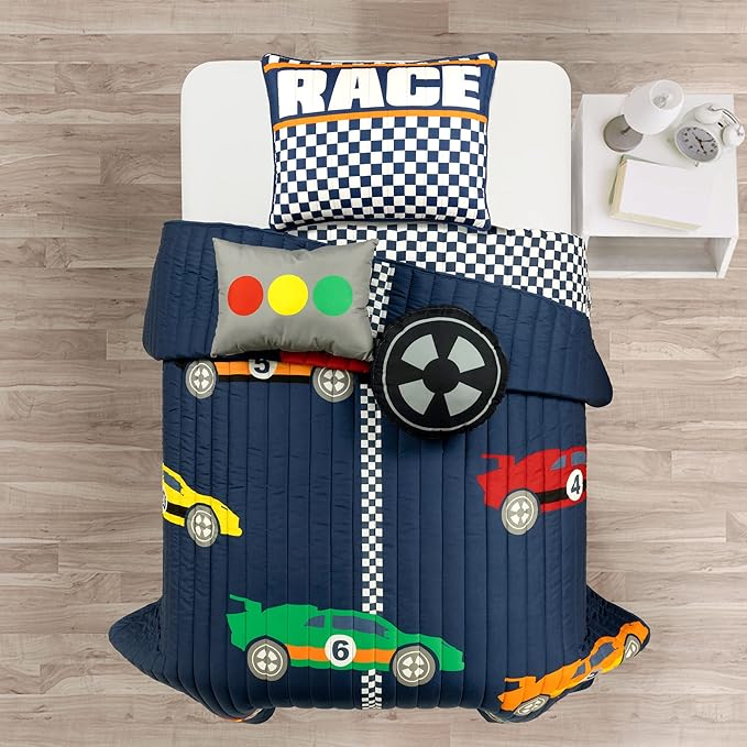 Lush Decor Racing Cars Reversible Quilt Twin Size 4 Piece Set Navy - Toddler Bedding Set Twin Quilt - Car Decor
