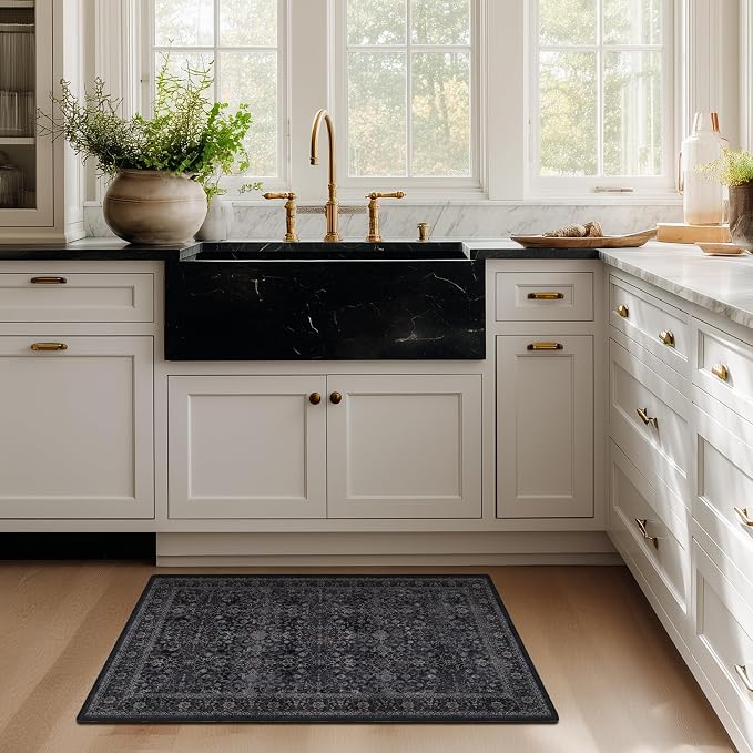 Dark Entryway Rug 2x3, Kitchen Rugs Non Slip Washable, Low Pile Ultra Thin Door Mat Indoor Entrance, Small Carpet for Bedroom Bathroom, Vintage Farmhouse Earth Tone Midnight