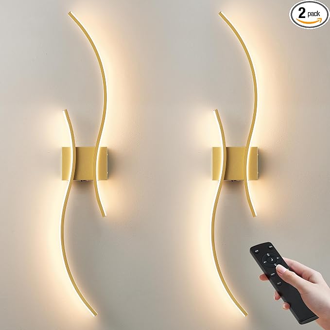 Battery Operated Wall Sconces Set of Two with Remote Control, Battery Wall Light, Stepless Colors 3000K-6000K & Dimming, Gold Rechargeable Wall Sconces for Living Room, Hallway, Bedroom, 39.3 Inch