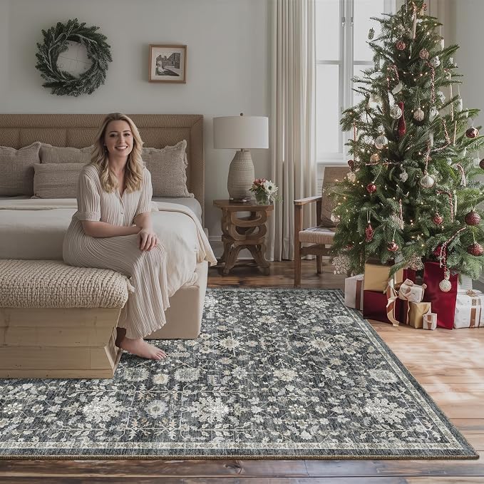 Washable Rugs for Living Room: 6x9 Area Rugs for Bedroom Ultra Soft Non-Slip Stain Resistant Vintage Boho Large Carpet for High-Traffic Dining Room - Farmhouse Decor