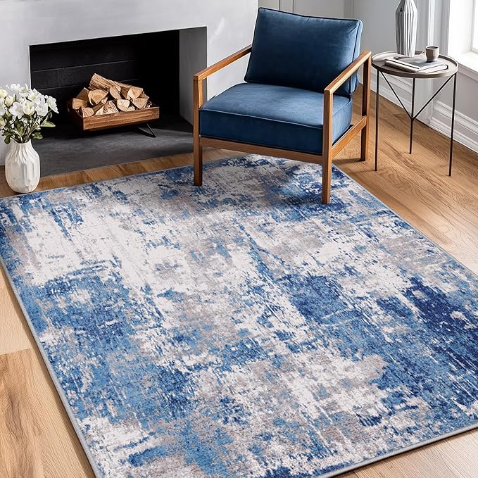 RELEANY Washable Area Rugs 4'x6' Non-Slip Modern Abstract Soft for Living Room Entryway Bedroom Nursery, Print Pattern, Blue Grey Navy Gray