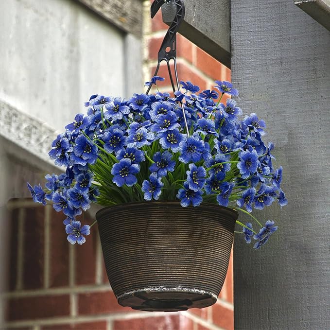 LikSoor 21 Bundles Artificial Outdoor UV Resistant Flowers No Fade Fake Outside Flowers Plastic Greenery Faux Shrubs Garden Porch Window Box Home Decoration(Blue)