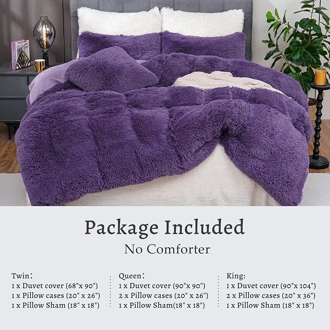 Fluffy Plush Purple Duvet Cover Set Queen Size, Luxury Ultra Soft Velvet Fuzzy Comforter Cover Bed Sets 4 Pcs(1 Faux Fur Duvet Cover + 2 Pillow Cases + 1 Pillow Cover) Zipper Closure (Queen, Purple)