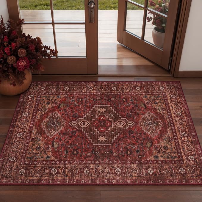 Tangsoo Red 2x3 Washable Entryway Rugs Oriental Vintage Non Slip Small Area Rug, Boho Indoor Front Door Rug, Door Mat Indoor Entrance Soft Low Pile Throw Rugs for Entry Kitchen Living Room Dark Red
