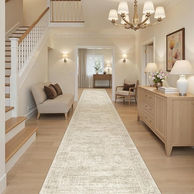 Soalmost Runner Rug 2'6" x 16' Washable Non-Slip 2.5x16 ft Long Runner Rugs for Kitchen Bathroom Laundry Room Vintage Ultra Thin Runners for Hallway Entryway Beige