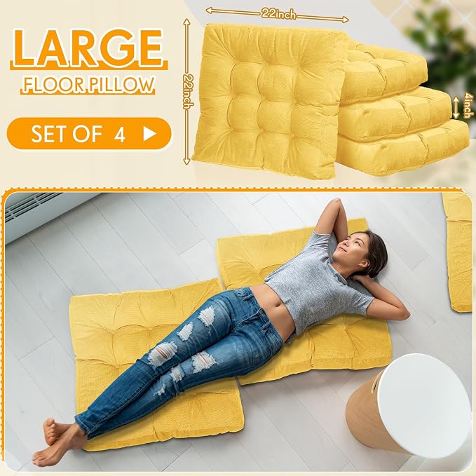 Jerify 4 Pcs Floor Pillow Cushions Large Round Square Large Meditation Floor Pillow for Classroom Adult Meditation Picnic Party Seating Learning Daycare School (Square,Yellow)