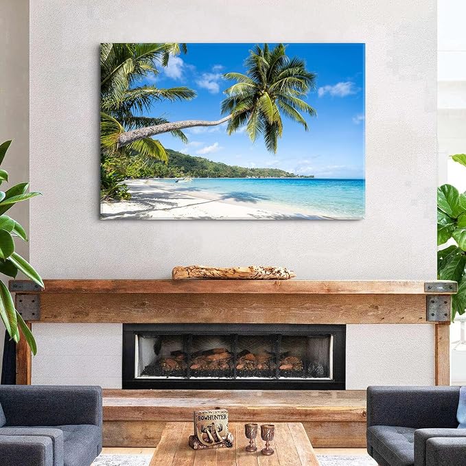 Beach Palm Tree Wall Art Coastal Ocean Pictures Wall Decor for Living Room Nature Scenery Canvas Print Tropical Seascape Painting Ocean Artwork for wall Bathroom Bedroom Kitchen Home Decorations 32x48