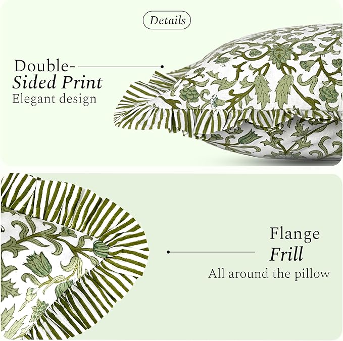 CPC Meadow Vine Hand Block Print 100% Cotton Ruffle Throw Pillow Cover 18x18 inch with Hidden Zipper Decorative for Couch, Bed, Sofa, Farmhouse, Cottagecore Decor Gift Christmas Fall Thanksgiving