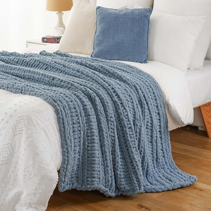 Battilo Chunky Knit Throw Blanket for Couch, 50"x60", Dusty Blue | Hand Knit, Cozy Warm Thick Soft Chenille Throw Blanket for Bed, Sofa, Living Room