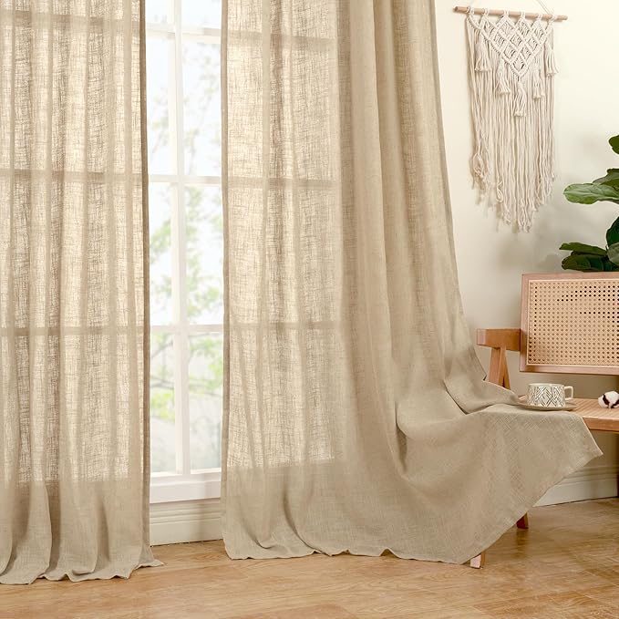 LAMIT 45 Inch Short Window Linen Curtains, Light Filtering Panels Back Tab and Rod Pocket Neutral Drapes for Cafe/Bathroom/Loft Room, Brown, 2 Panels, 34 x 45 Inch