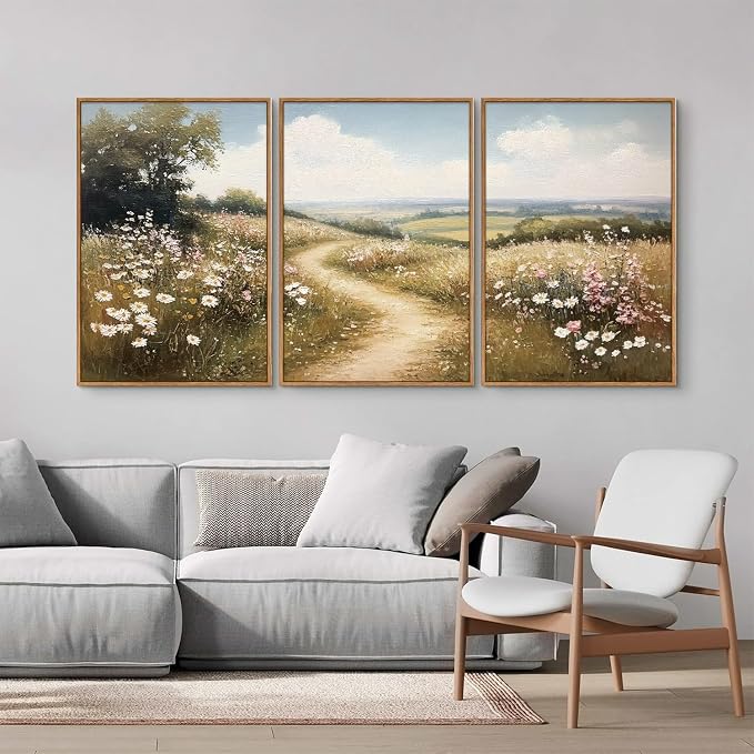 Rantodecor Rustic French Country Framed Canvas Wall Art, Vintage Flower Field Wall Decor, Calming Nature Landscape Art Paintings, Modern Wildflower Artwork for Farmhouse Bedroom Living Room 24"x36"x3