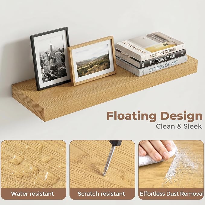 Venusmiles Floating Shelves for Wall, 20 Inch Floating Shelves Set of 2, 6.5" D Wooden Wall Mounted Display Shelves with Invisible Brackets for Living Room, Bedroom, Bathroom, Kitchen Decor, Oak