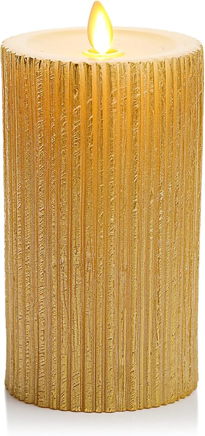 Luminara Metallic Embossed Pillar, Champagne Flameless LED Candle 3.25" x 6.5", Battery Operated Real Flame Technology w/Timer Function, Paraffin Wax