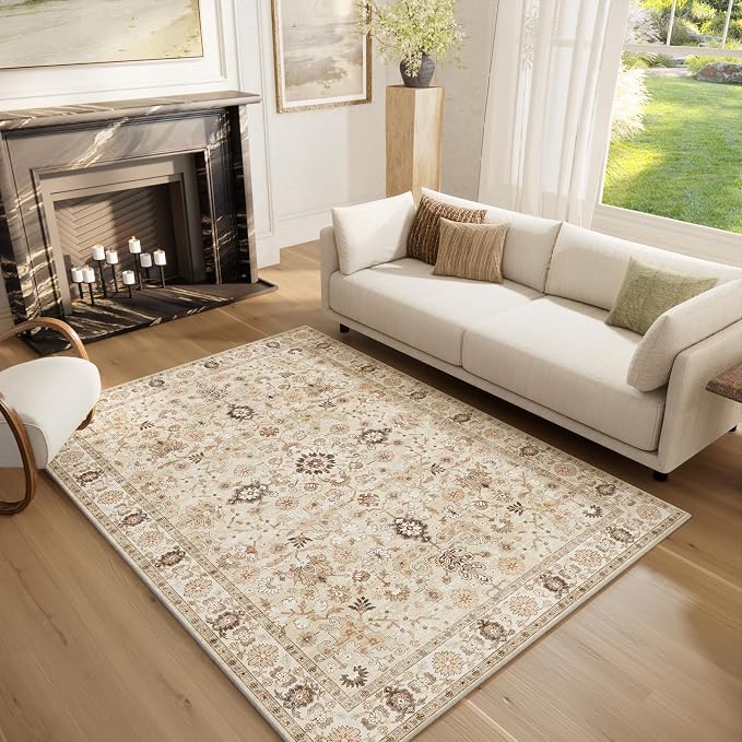 Washable Rugs for Living Room: 5x7 Area Rugs for Bedroom Ultra Soft Non-Slip Stain Resistant Vintage Boho Large Carpet for High-Traffic Dining Room - Farmhouse Decor