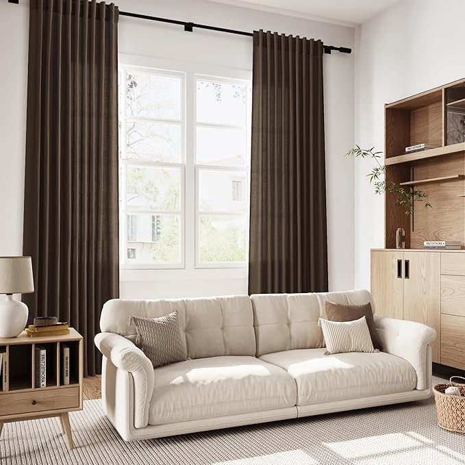 Chocolate Linen Curtains 90 Inch Long 2 Panels Set for Bedroom Living Room, Soft Linen Textured Window Drapes Semi Sheer Light Filtering Rod Pocket Back Tab Morden Style 52x90