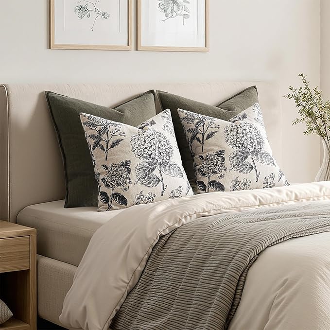 Set of 2 Decorative Floral Neutral Pillow Covers 22x22 Inch Black Hydrangea Print Spring Boho Vintage Throw Cushion Covers for Sofa Couch Porch Bedroom Living Room Summer Home Decor