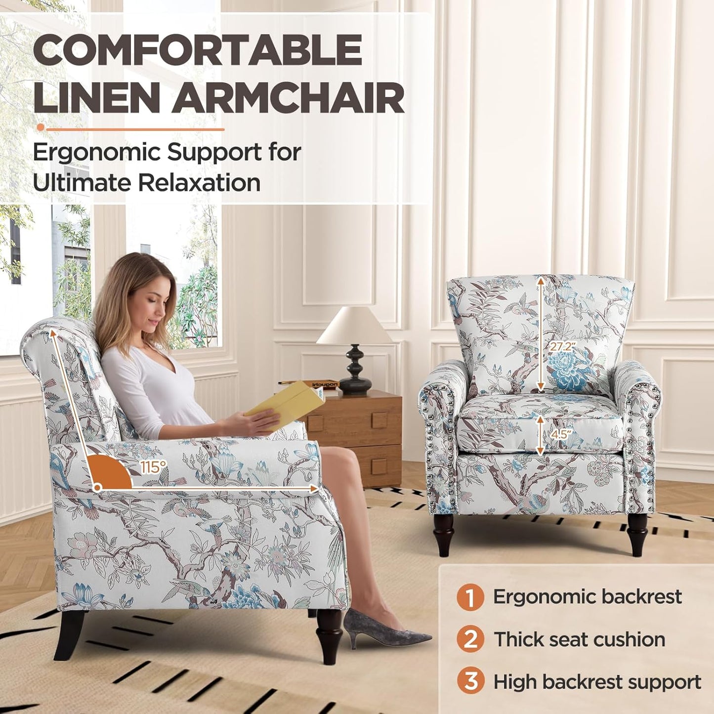 Wingback Accent Chair with Removable Pillow, High Back Floral Armchair with Solid Wood Legs & Nailhead Trim, Comfy Upholstered Reading Single Sofa Chair for Bedroom (2, Bird Floral Pattern)