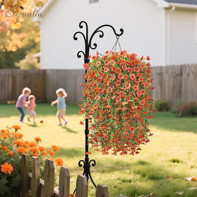 Serwalin 4PCS Artificial Fall Flowers for Outdoors Decoration, Realistic Silk Artificial Fall Hanging Flowers for Patio, Garden, Porch, Window, Outside (Orange,4PCS)