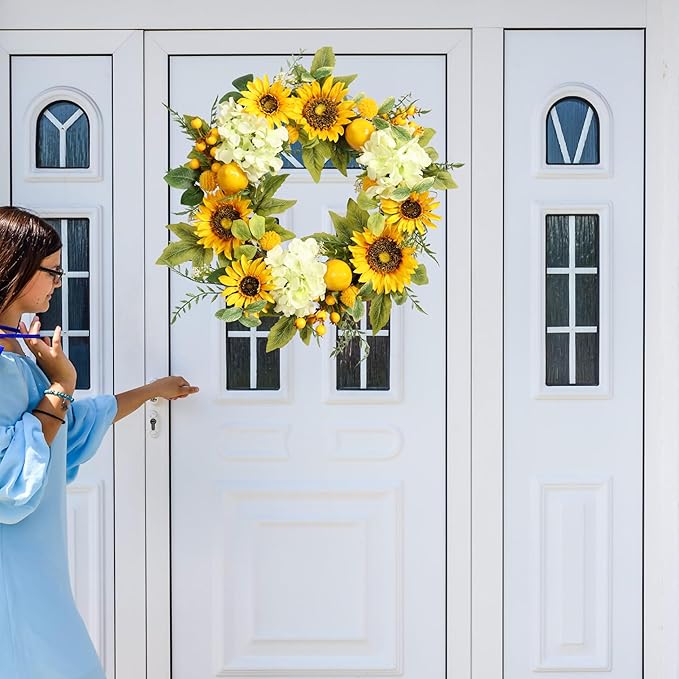Sunflower Wreath with Hydrangeas, Lemons, Big Berry,Summer Wreath for Front Door, Unique Housewarming Gift,mother'day Gift,Farmhouse Porch Decor, Wall Decor-22IN