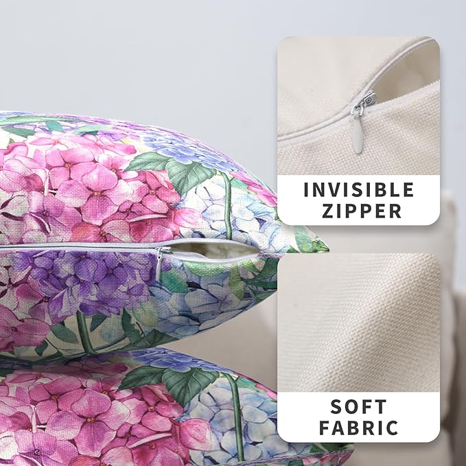 Hydrangea Pillow Covers 24x24 Set of 2 Spring Flowers Outdoor Pillow Covers Blue Purple Hydrangea Eucalyptus Throw Pillowcase Cotton Linen Cushion Case for Sofa Outdoor Patio