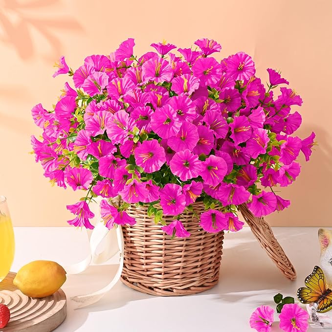 Waipfaru 24 Bundles Artificial Flowers for Outdoors Faux Plants Outdoor, UV Resistant Artificial Plants Outdoor, Silk Petunias Fake Flowers for Outside Home Decor Planter Porch Decoration, Rose Red