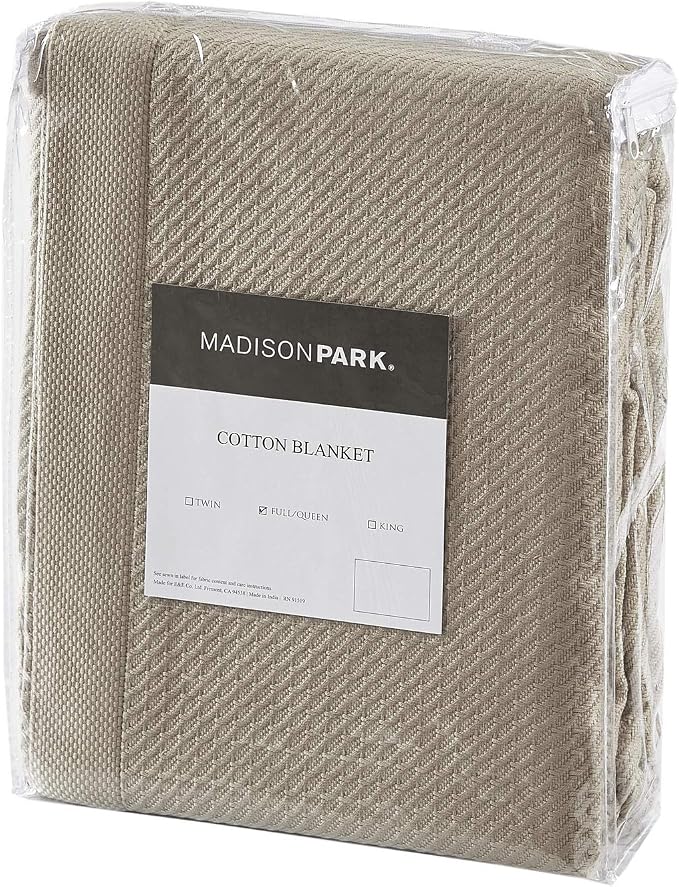 Madison Park 100% Egyptian Cotton Lightweight Summer Blanket, Breathable Waffle Knit Design, Soft Cozy All-Season Throw for Bed, Couch or Sofa, Khaki Taupe Full/Queen Size (90"x90")