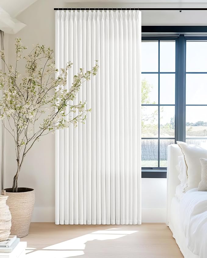 70 Wide Off White Pinch Pleated Semi Sheer Linen Curtains 84 Inch Long | Ivory, 70 Inch Extra Wide, Light Filtering, Privacy, Bedroom, Sliding Door, Burlap Textured, Memory Shape, Hook Rings, Modern