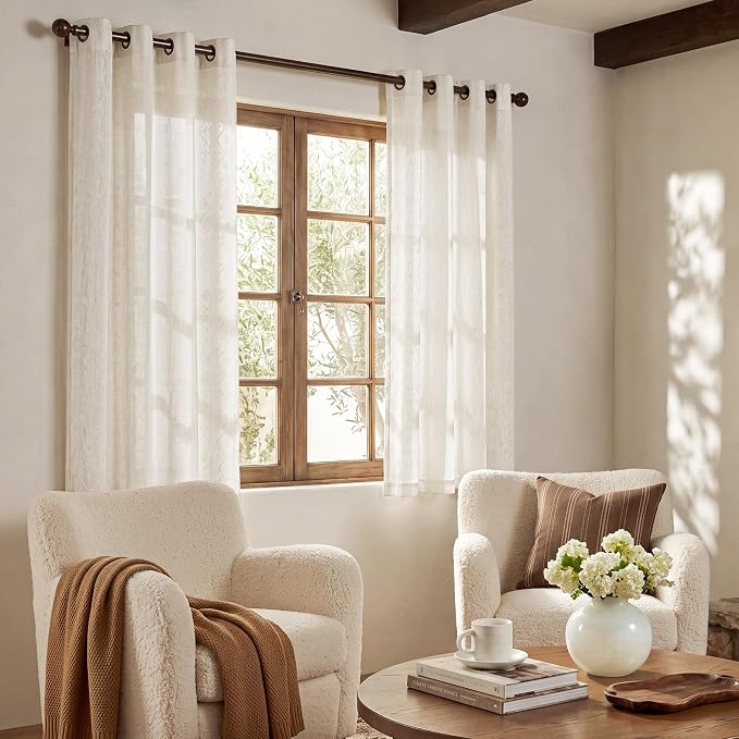 NICETOWN Embroidery Trim Linen Blended Curtains, W52 x L63, 2 Pcs | Ivory White and Cream, Bronze Grommet Top, Semi Sheer, View Block, For Nursery Window