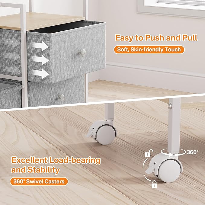 Modanais Baby Organizer and Storage - 3 Tier Rolling Cart with Dividers and Drawers, Easy To Assemble, Mobile Utility Cart with Wheels for Nursery, Bedroom, Changing Table & Crib,Light Gray