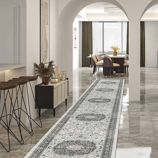 Hallway Washable Runner Rug - 2'6x14 Kitchen Rugs Entryway Rug Runner Vintage Soft Floor Mat Non Slip Indoor Farmhouse Carpet for Bathroom Living Room Bedroom (2'6''x14', Grey)