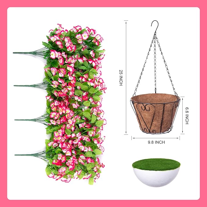 Ammyoo Artificial Faux Hanging Flowers Basket for Spring Summer Outdoor Porch Decor, Fake Silk Colorful Morning Glory Eucalyptus in Planter UV Resistant Look Real for Home Patio Balcony Yard(Pink)