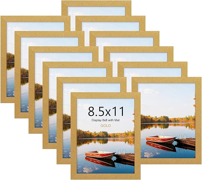 Picrit 8.5x11 Picture Frame Set of 12, Display 6x8 with Mat or 8.5 x 11 without Mat, Photo Frames for Wall Mounting or Table Top Display, Gold