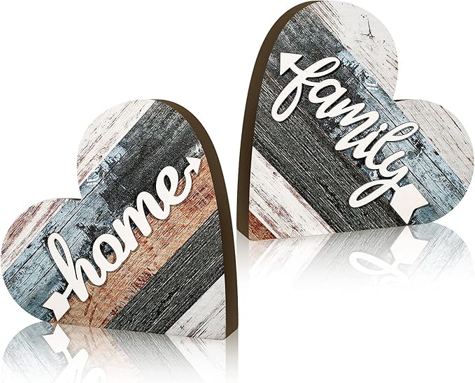 Jetec 2 Pcs Rustic Wooden Heart Table Decor, Daisy Farmhouse Home Decor, Bless This Home & Be Kind Sign for Living Room, Dining Room, Shelf & Mantel, Ideal Housewarming & Birthday Gift(Simple Style)