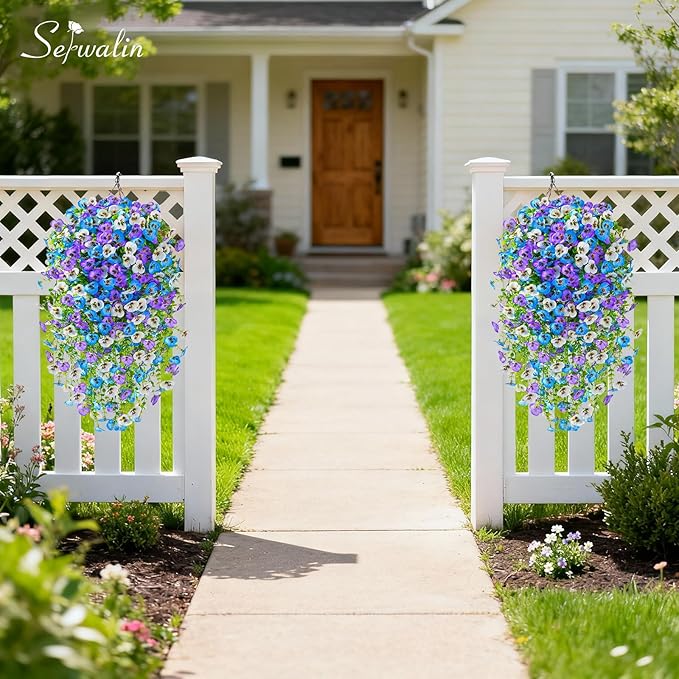 Serwalin Artificial Fake Hanging Flowers for Outdoors Planters,12PCS UV Resistant Faux Pansy Spring Flowers for Outside Porch Patio Garden Window Box (Blue Purple White)
