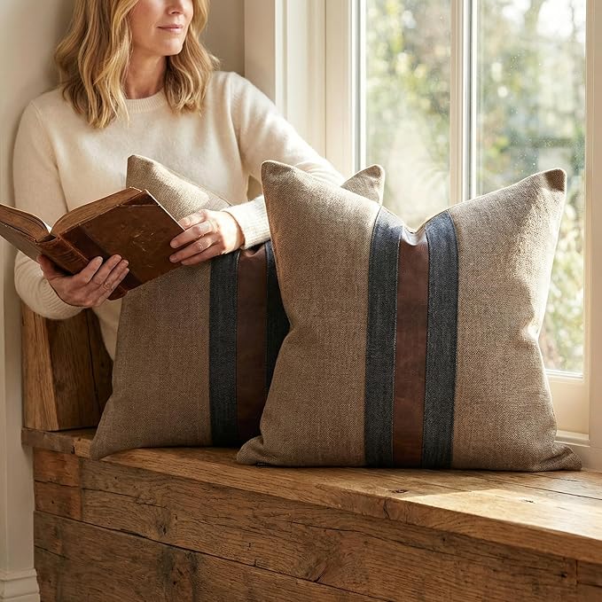 BOYSUM Set of 2 Leather Throw Pillow Covers Cotton Linen Decor Patchwork Pillow Cover Faux Leather Pillows Cover for Couch Sofa Living Room Bedroom,Coffee 24"x24"