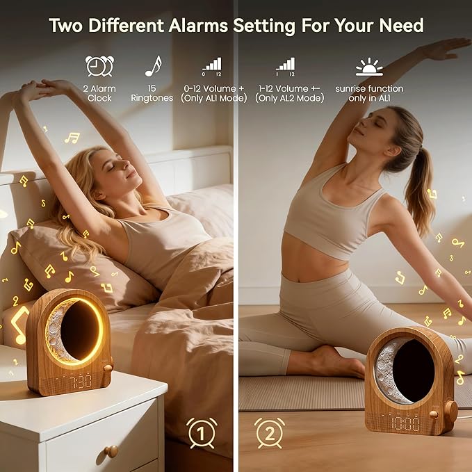 blonbar Sunrise Alarm Clocks with Dimmable Moon Lamp, 2 Alarm Clocks with 12Levels Volume for Heavy Sleepers, 10 Natural Sounds with 30/60/90mins Timer for Bedrooms, Gifts for Women (brown woodgrain).