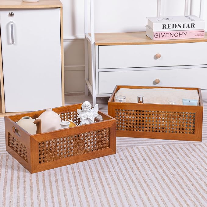 Wooden Storage Basket Set of 2 Handmade Rattan Drawer Storage Box with Frame & Handles Decorative Natural Bamboo Woven Bins Rustic Farmhouse Decor Home Office Tabletop Shelf Organizer