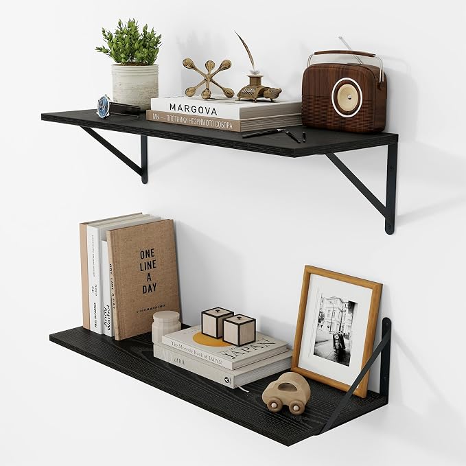 Vivelove Black Deep Floating Shelves for Wall, 24W x 8D Wood Wall Shelves Set of 2, Wide Floating Bookshelf for Living Room, Kitchen, Office, Bedroom and Decor Storage, with Metal Bracket - Black