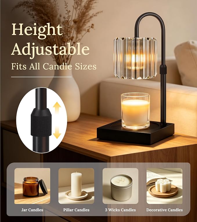 TigQiang Adjustable Height Candle Warmer Lamp, Candle Lamp Timer Dimmer 7 Levels, Compatible All Jar Candles, Top Melting, Cystal Candle Heater Lamp for Scented Wax, Elegant Home Decoration, Gray