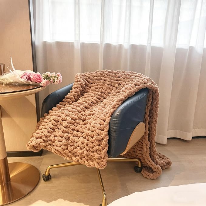 Soft Chunky Knit Throw Blanket for Couch, Cozy Warm Knitted Blankets | Hand Knit with Jumbo Chenille, Lightweight Warm Fluffy Decor for Women, Mom, Her & Girls,Sofa,Chair,Bed,48"×71"(Light Brown)
