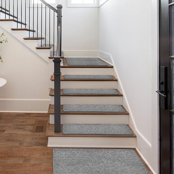 PURE ERA Carpet Stair Treads Tape Free Non Slip Indoor Stair Carpet Stair Protectors Pet-Friendly Non-Slip Skid Resistant Washable Reusable 8" x 30"(7 Pieces,Gray)