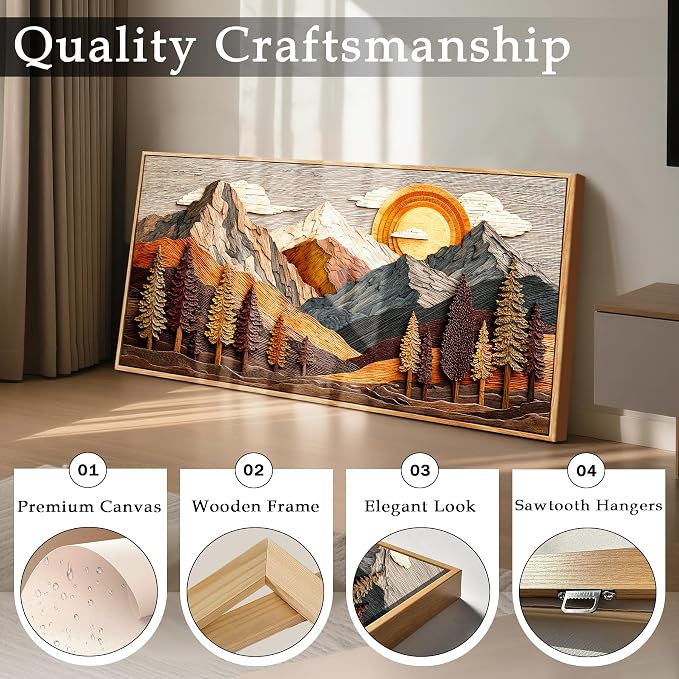 imjiayu Large Framed Wall Art, Mountain Wall Art, Rustic Wall Decor, Abstract Landscape Nature Decor, Sunset Painting Prints, Boho Big Pictures for Living Room Bedroom Hallway Farmhouse 24"x48"