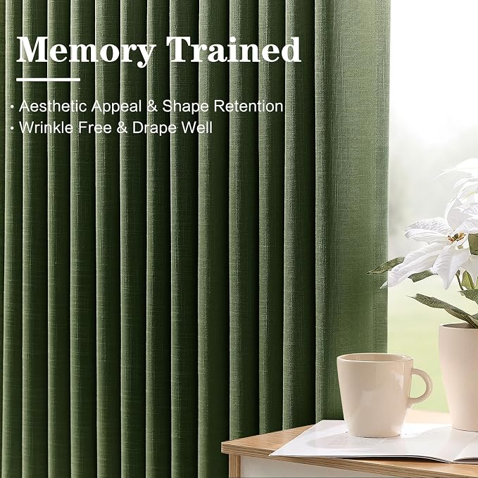 Olive Green Christmas Curtains for Living Room Pinch Pleated Linen Curtain 84 Inches Long, Light Filtering Pleat Drapes Thick Moss Loden Semi-Sheer Curtain with Hooks for Bedroom Dining Room 2 Panels