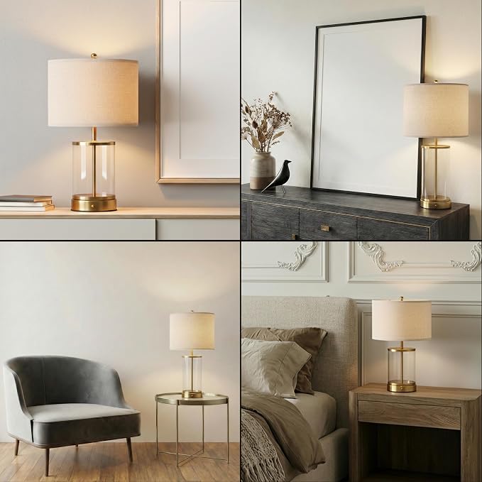 O’Bright Luma - Battery Powered Table Lamp, Cordless Glass Bedside Lamp with Rechargeable 10,000mAh Battery, Full Size 24 Inch Height, Touch Dimmer, Type-C Charging, Clear Glass Design, Antique Brass
