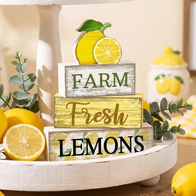 Moucuny 4 Pcs Summer Lemon Decor Wooden Lemon Tiered Tray Decor Farmhouse Rustic Lemons Table Decoration Lemons Book Block Summer Decoration for Home Office Kitchen Mantel Shelf