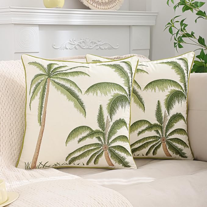 Palm Tree Decor Pillow Covers 18x18 Pack of 2 Boho Tropical Embroidered Throw Pillow Covers Summer Cushions Cases Farmhouse Square Pillowcases Spring Home Decor for Sofa Bed Living Room,Green