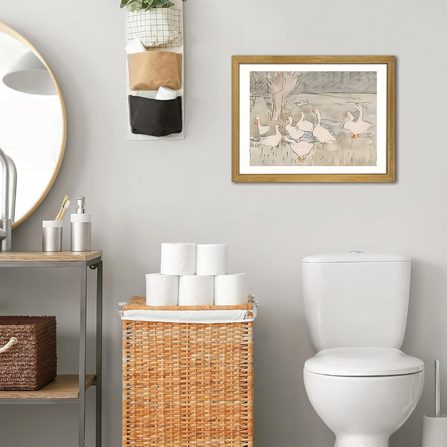 Vintage Framed Goose Wall Art Watercolor Print, Rustic Farm Duck Decor Canvas Painting, Minimalist Pastoral Poster Picture, Country Cottage Wall Decor for Living Room Kitchen Bathroom Bedroom 16x24 in