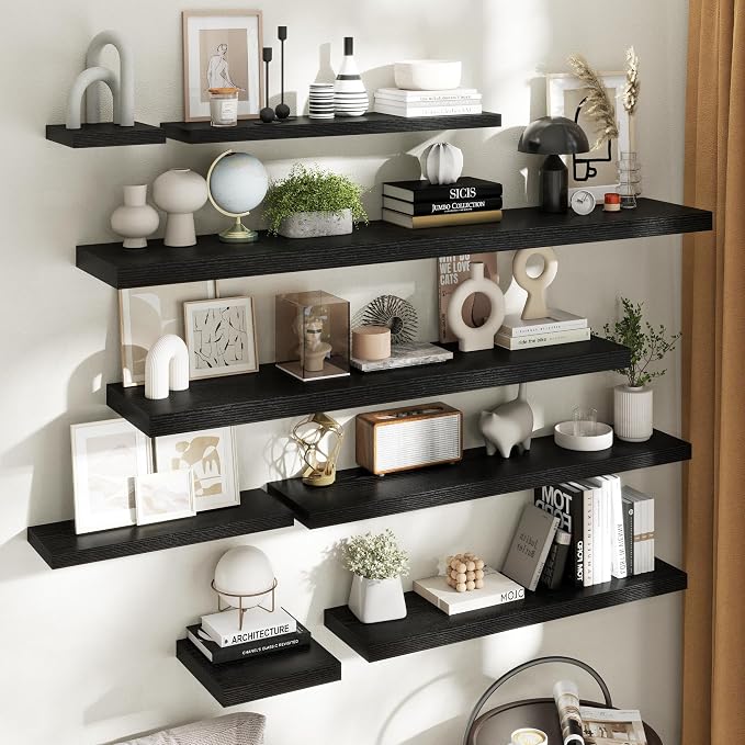 72 Inch Floating Shelves for Wall with Invisible Brackets Set of 2, 12"D Engineered Wood Wall Shelves with Wood Grain for Living Room, Bedroom, Bathroom, Kitchen Decor and Storage, Black Finish