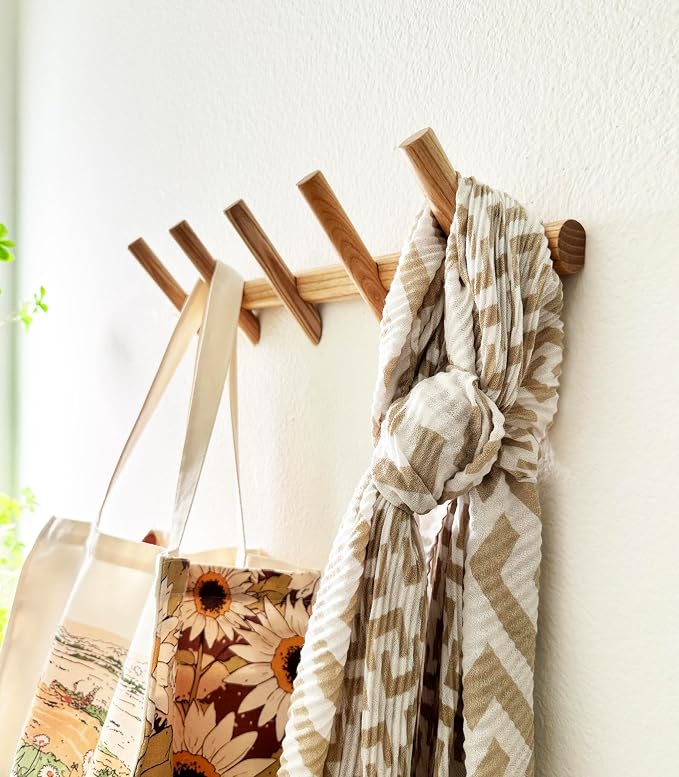 Modern 5-Hook Wooden Coat Rack, Decorative Coat Rack wall Mount for Bags, Hats, Purse, Heavy Duty, Sturdy (Ash White)